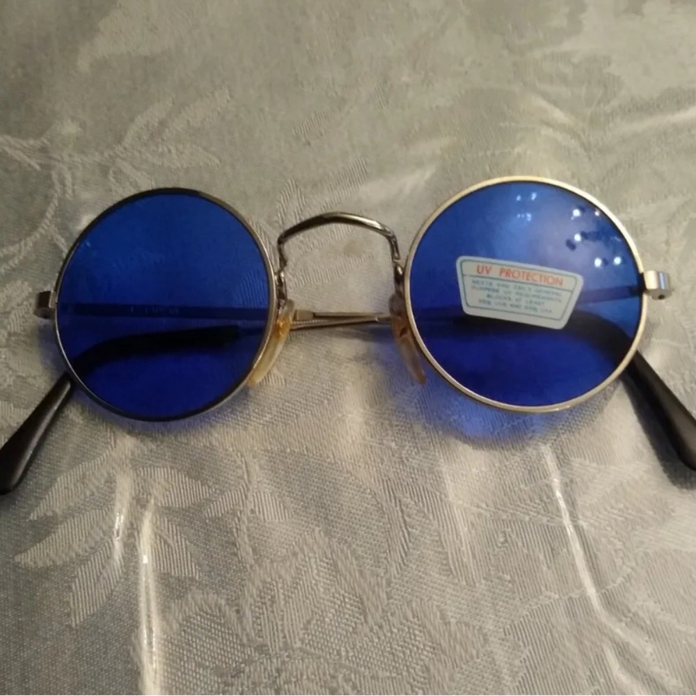 Round John Lennon Style Sunglasses Blue with Silver Metal Frame